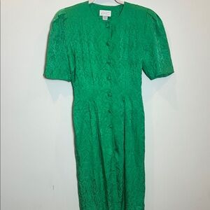 100% Silk Vintage Green Jacquard Button-Up Dress